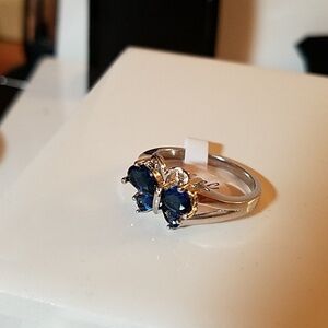 Sapphire Faux Rhinestone Silver Tone Size 10 Butterfly.